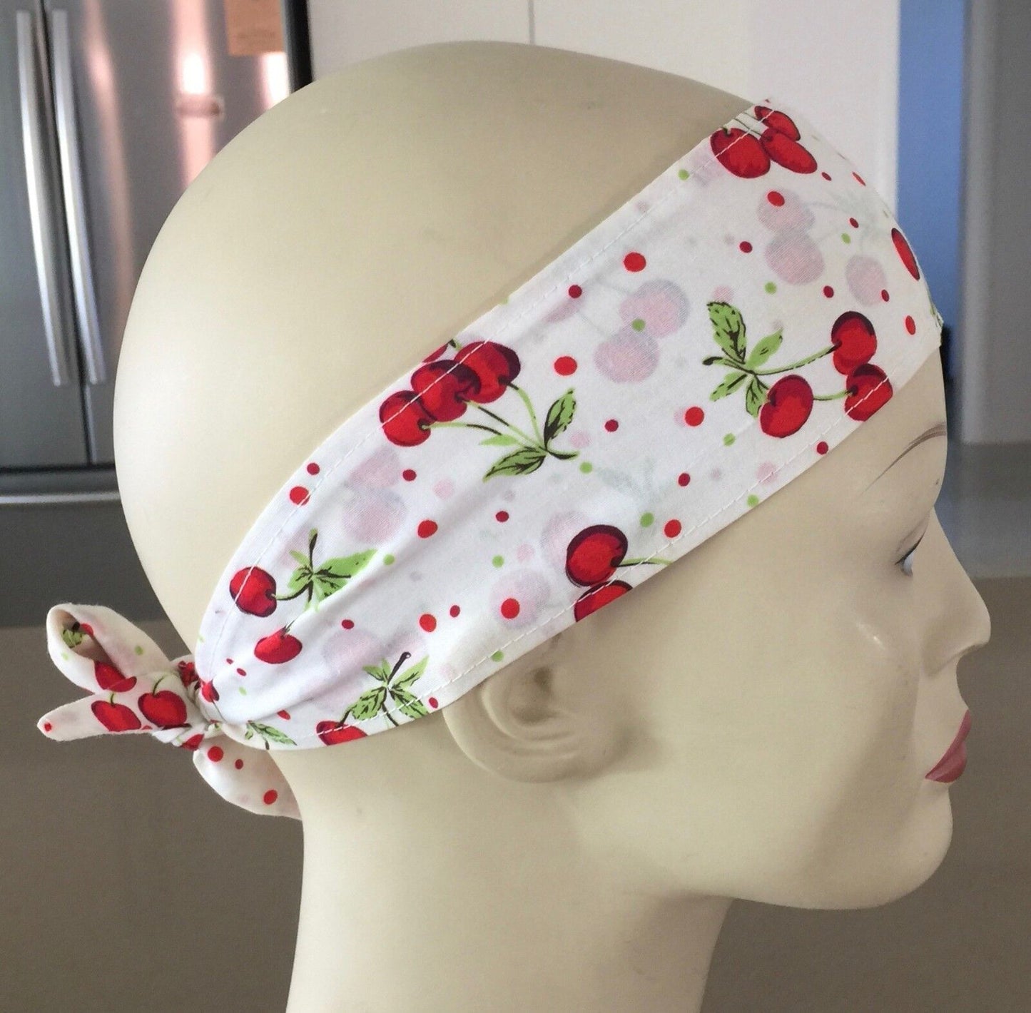 HEADBAND Cotton White & Red Cherry Print NECK HAIR Tie Ribbon Rockabilly Pinup