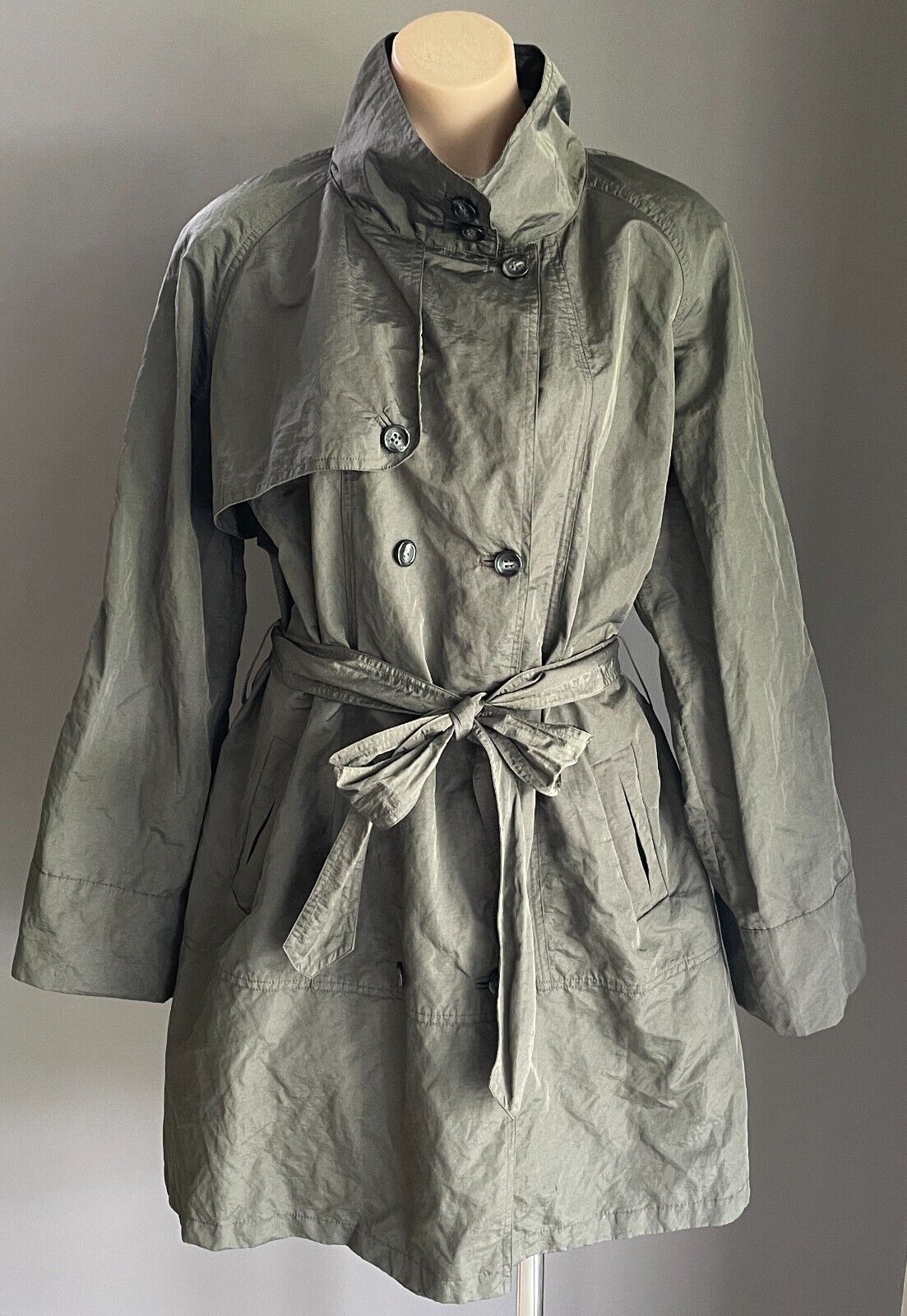 PING PONG Trench Coat Khaki Shimmer Lightweight Anorak Belt Size 16 PINGPONG NEW