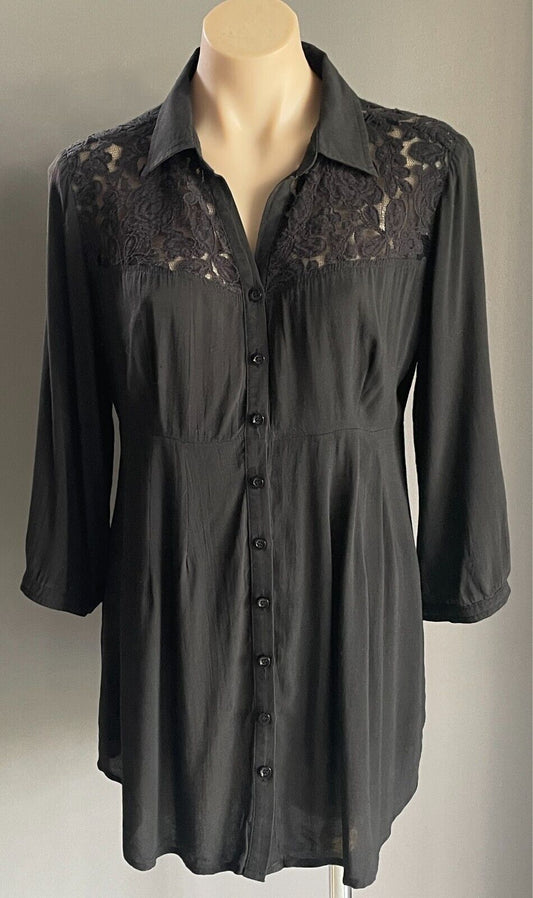 PING PONG Top Black Blouse Button Front Size 12 Lace Trim 3/4 Adjustable Sleeves