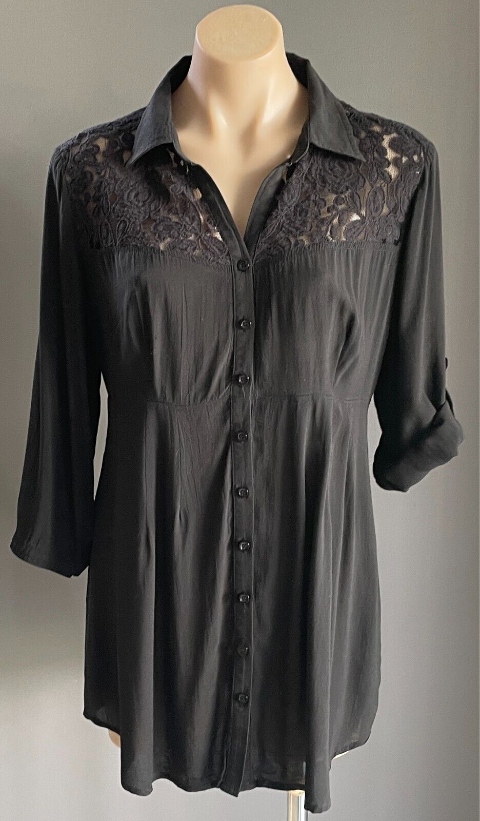PING PONG Top Black Blouse Button Front Size 12 Lace Trim 3/4 Adjustable Sleeves