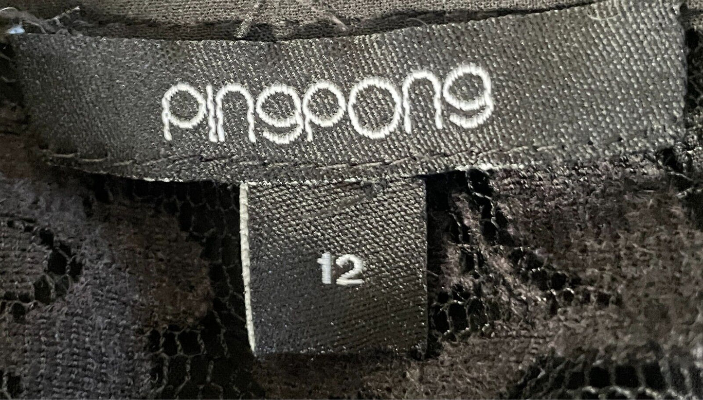 PING PONG Top Black Blouse Button Front Size 12 Lace Trim 3/4 Adjustable Sleeves