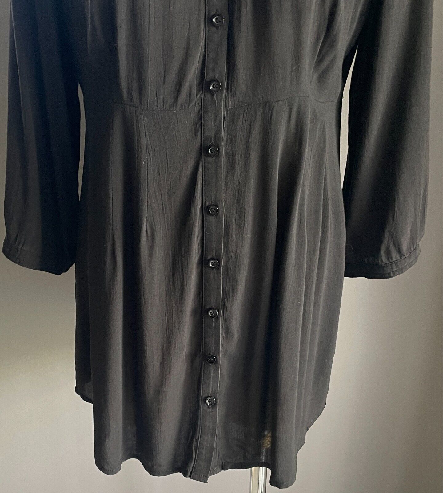 PING PONG Top Black Blouse Button Front Size 12 Lace Trim 3/4 Adjustable Sleeves