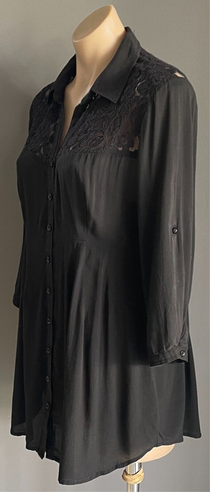 PING PONG Top Black Blouse Button Front Size 12 Lace Trim 3/4 Adjustable Sleeves