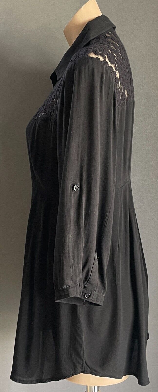 PING PONG Top Black Blouse Button Front Size 12 Lace Trim 3/4 Adjustable Sleeves