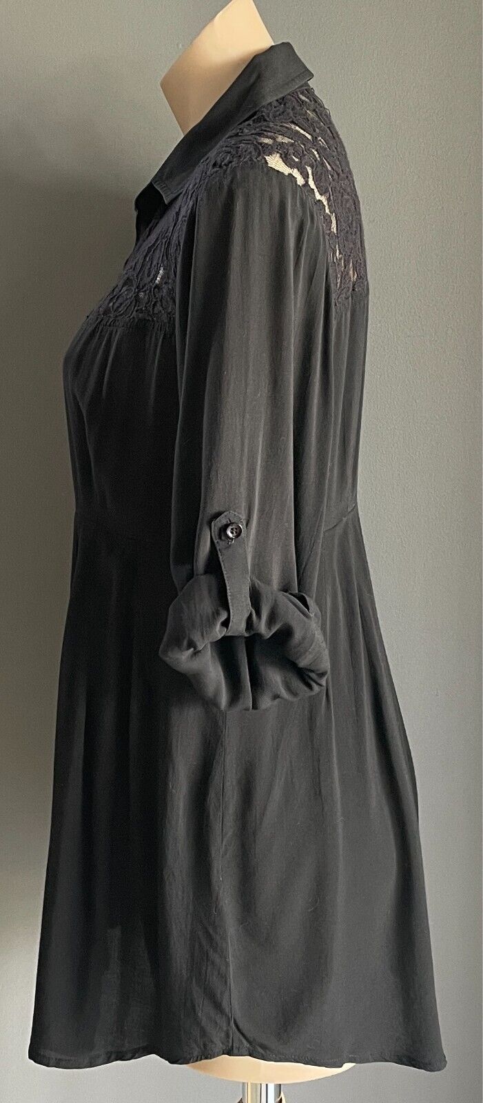 PING PONG Top Black Blouse Button Front Size 12 Lace Trim 3/4 Adjustable Sleeves
