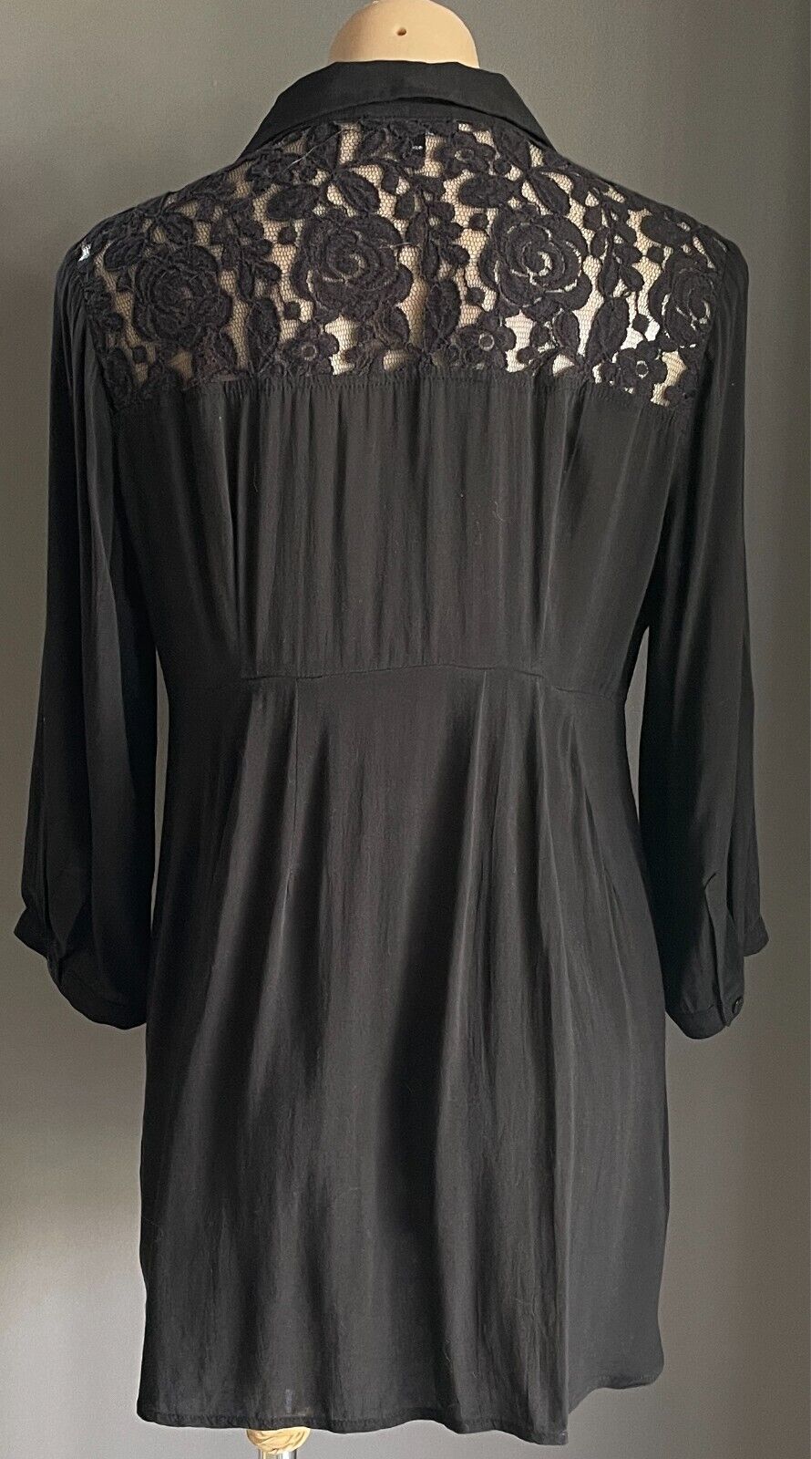 PING PONG Top Black Blouse Button Front Size 12 Lace Trim 3/4 Adjustable Sleeves
