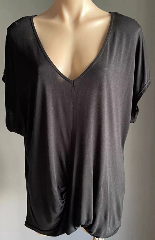 MISS SHOP Top Black Knot Front Hem Extended Sleeve Stretch Blouse Size 16 NEW