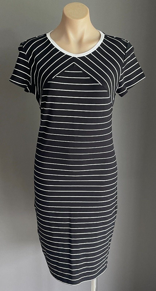 MISS SHOP T-Shirt Dress Black & White Stripe Cap Sleeve Below Knee Size 12 NEW
