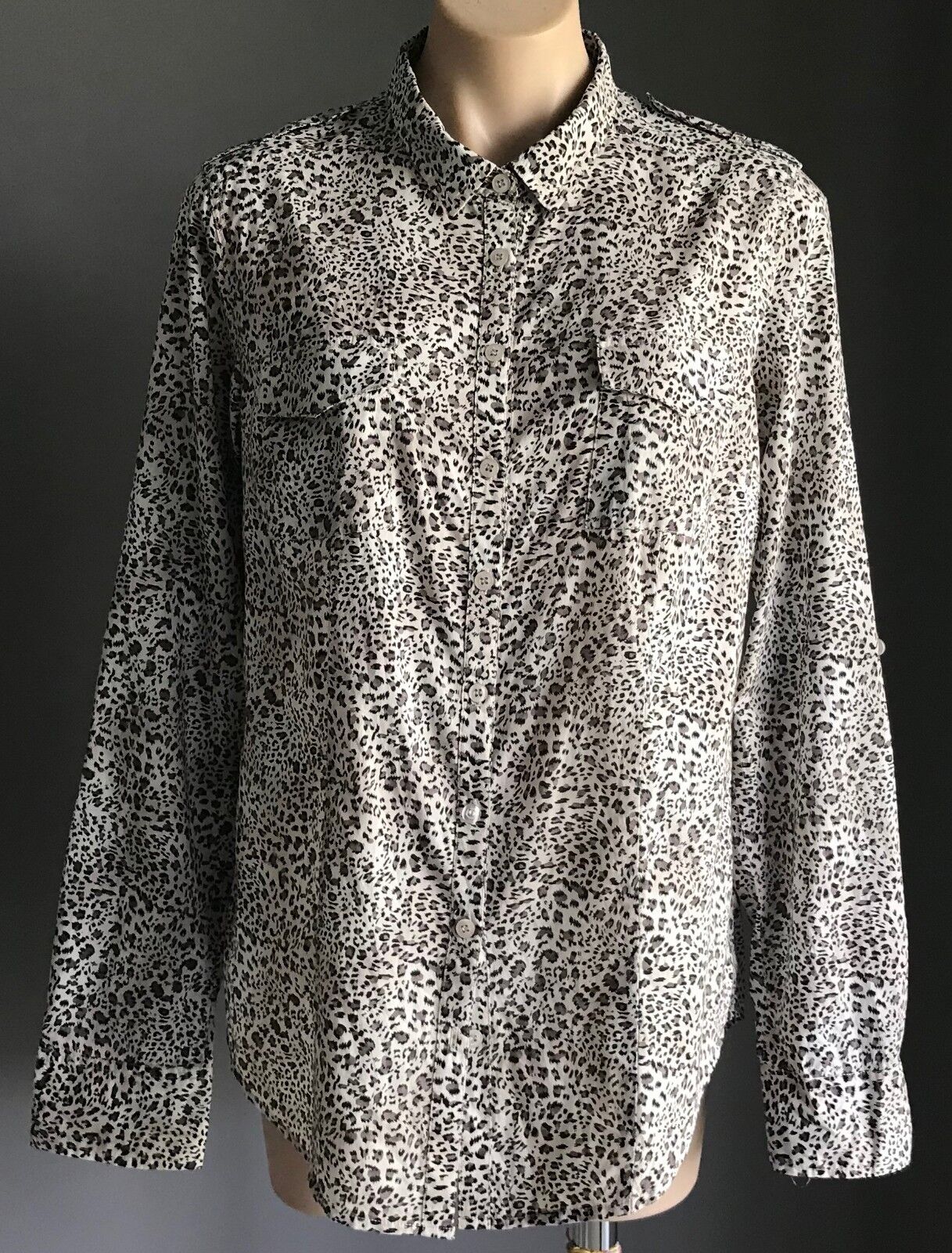 MISS SHOP Shirt Top Brown Black White Cheetah Adjustable Sleeve Blouse Sz 12