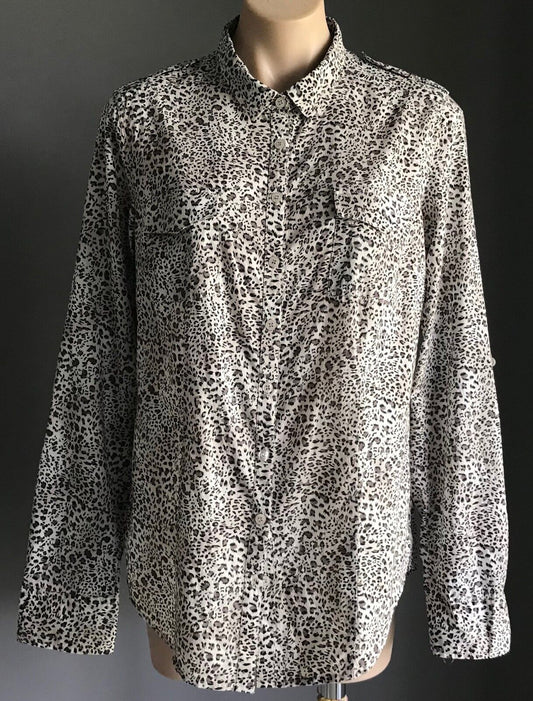 MISS SHOP Shirt Top Brown Black White Cheetah Adjustable Sleeve Blouse Sz 12