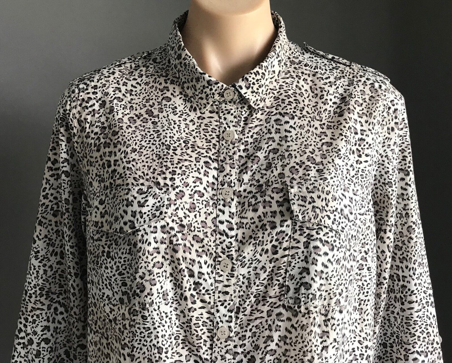 MISS SHOP Shirt Top Brown Black White Cheetah Adjustable Sleeve Blouse Sz 12