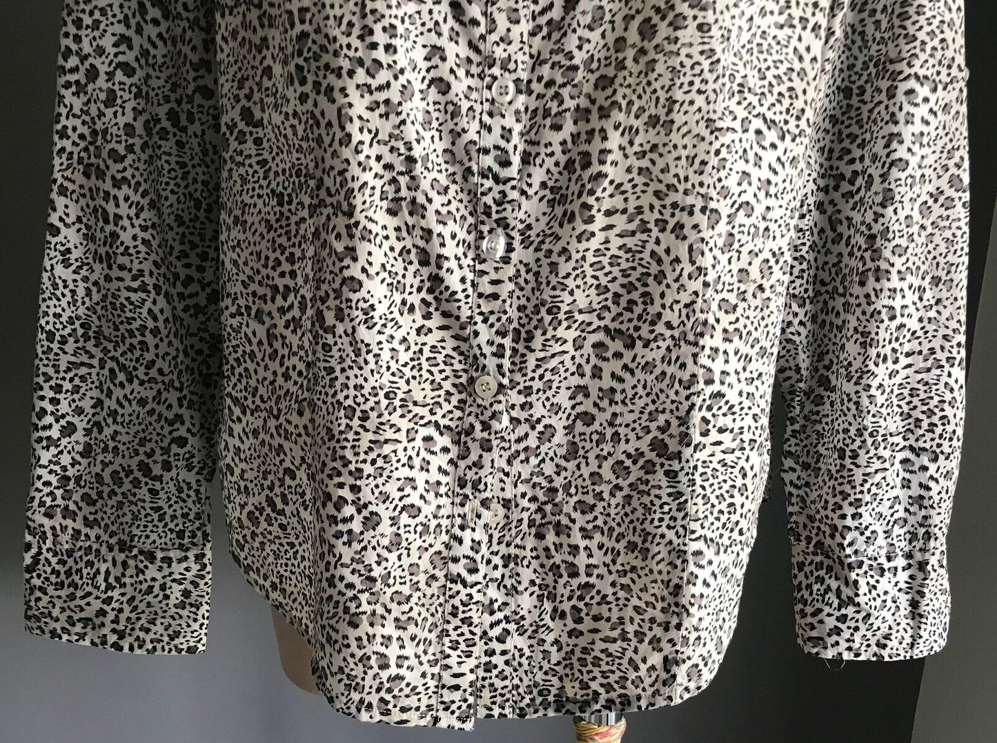MISS SHOP Shirt Top Brown Black White Cheetah Adjustable Sleeve Blouse Sz 12