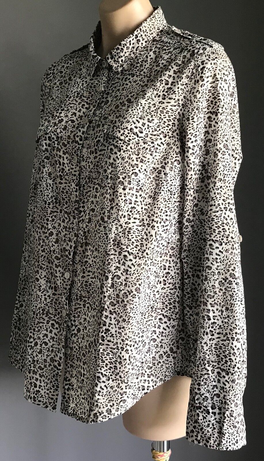 MISS SHOP Shirt Top Brown Black White Cheetah Adjustable Sleeve Blouse Sz 12