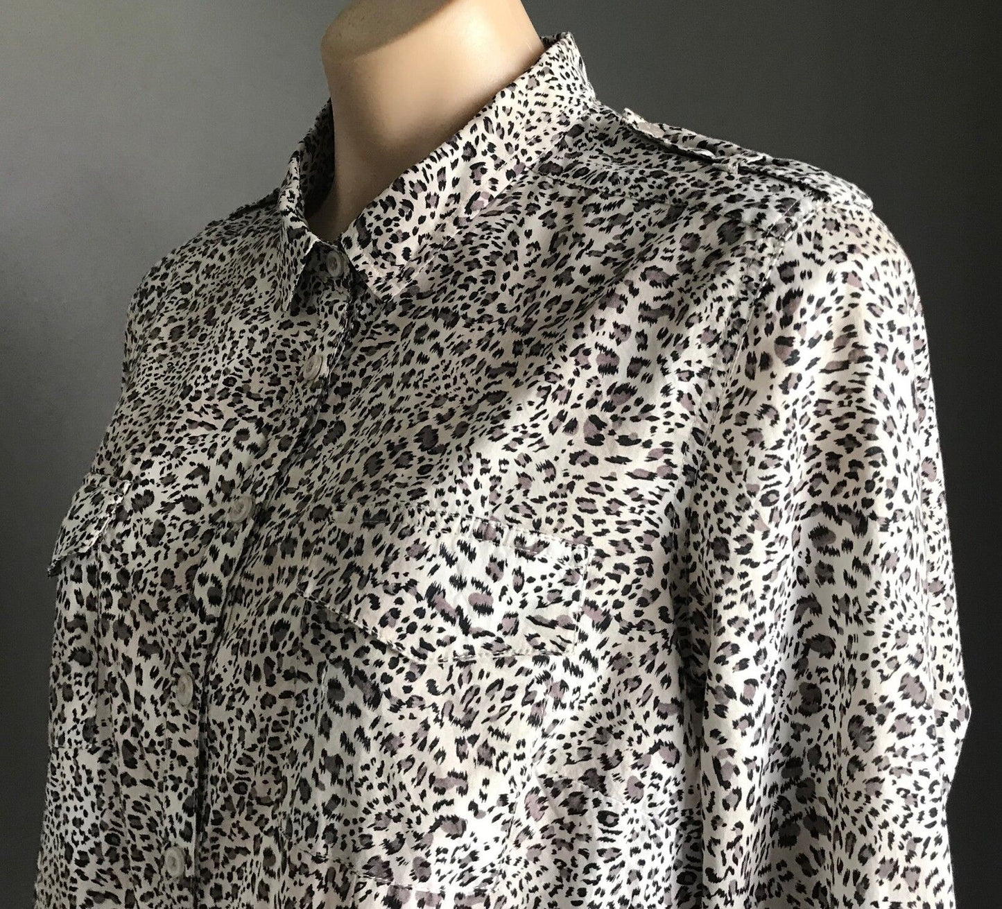 MISS SHOP Shirt Top Brown Black White Cheetah Adjustable Sleeve Blouse Sz 12