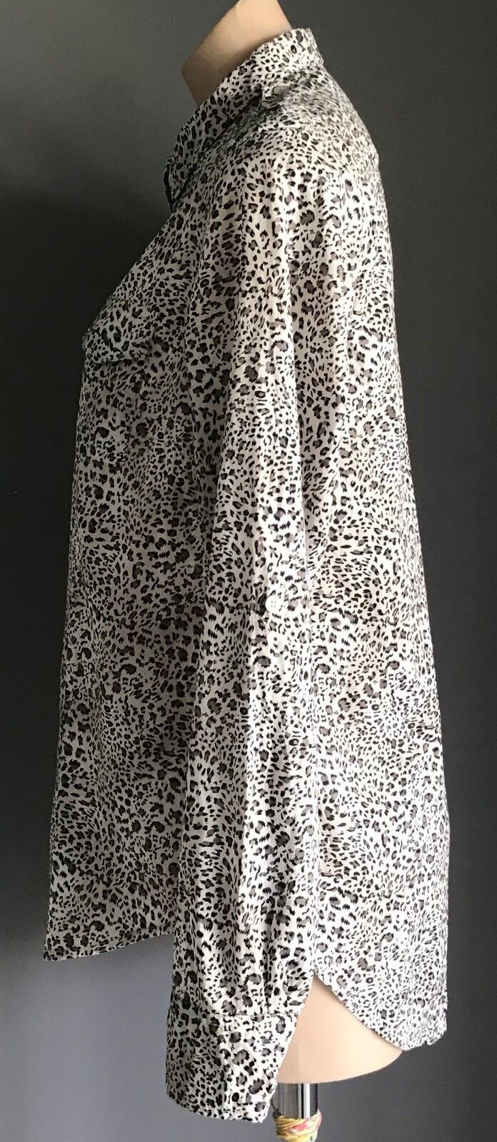 MISS SHOP Shirt Top Brown Black White Cheetah Adjustable Sleeve Blouse Sz 12