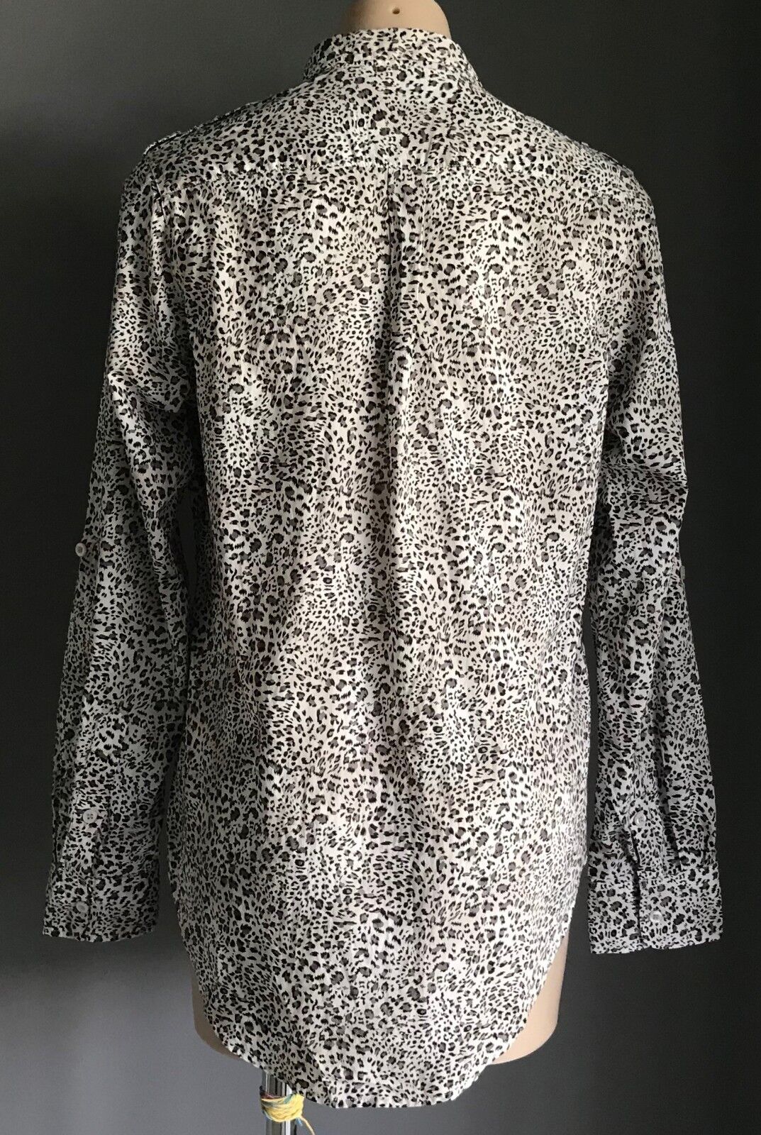 MISS SHOP Shirt Top Brown Black White Cheetah Adjustable Sleeve Blouse Sz 12