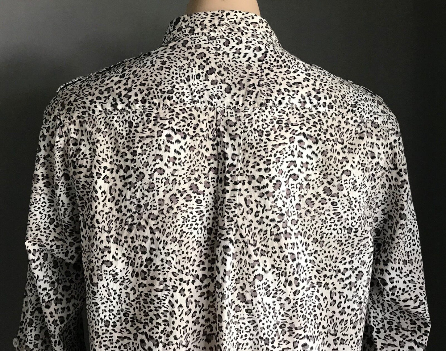 MISS SHOP Shirt Top Brown Black White Cheetah Adjustable Sleeve Blouse Sz 12