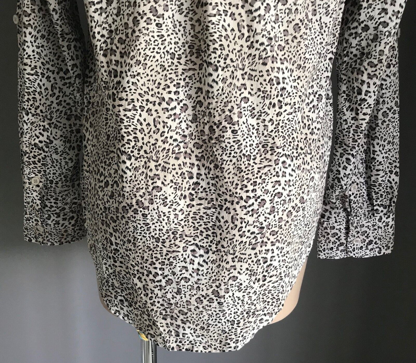 MISS SHOP Shirt Top Brown Black White Cheetah Adjustable Sleeve Blouse Sz 12