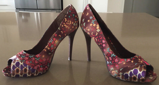 MISS SHOP Stiletto Shoes Multi Print & Colour Fabric Peep Toe Size 10 Gorgeous