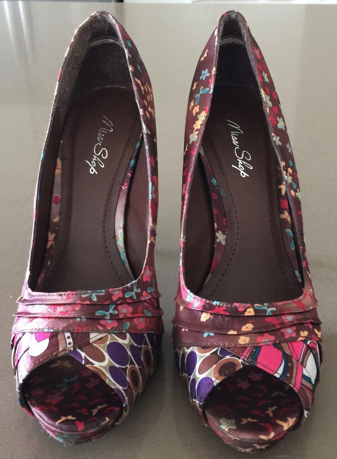 MISS SHOP Stiletto Shoes Multi Print & Colour Fabric Peep Toe Size 10 Gorgeous