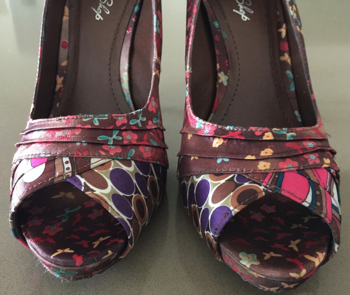 MISS SHOP Stiletto Shoes Multi Print & Colour Fabric Peep Toe Size 10 Gorgeous