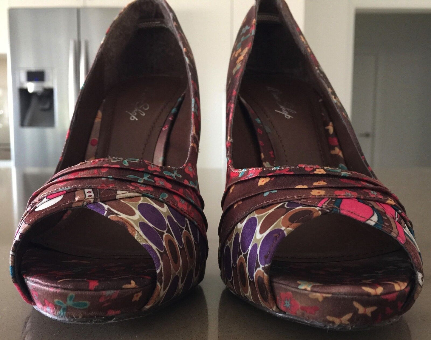 MISS SHOP Stiletto Shoes Multi Print & Colour Fabric Peep Toe Size 10 Gorgeous