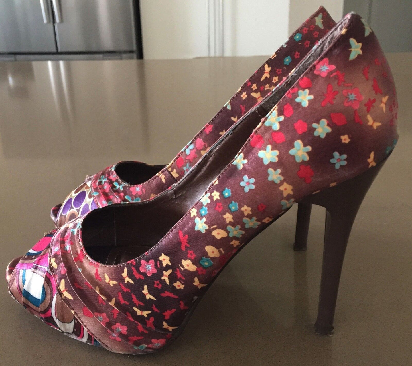MISS SHOP Stiletto Shoes Multi Print & Colour Fabric Peep Toe Size 10 Gorgeous
