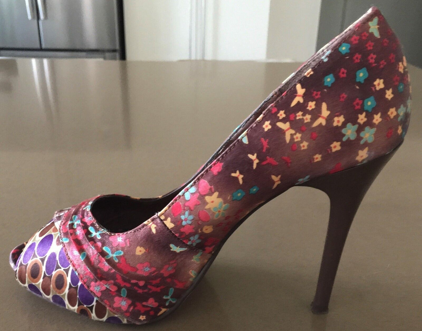 MISS SHOP Stiletto Shoes Multi Print & Colour Fabric Peep Toe Size 10 Gorgeous