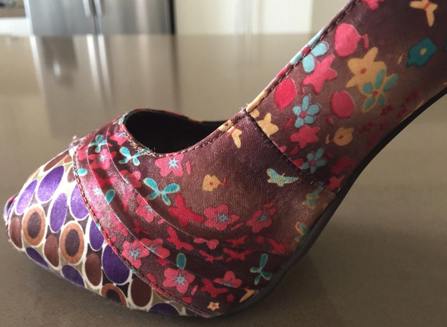 MISS SHOP Stiletto Shoes Multi Print & Colour Fabric Peep Toe Size 10 Gorgeous