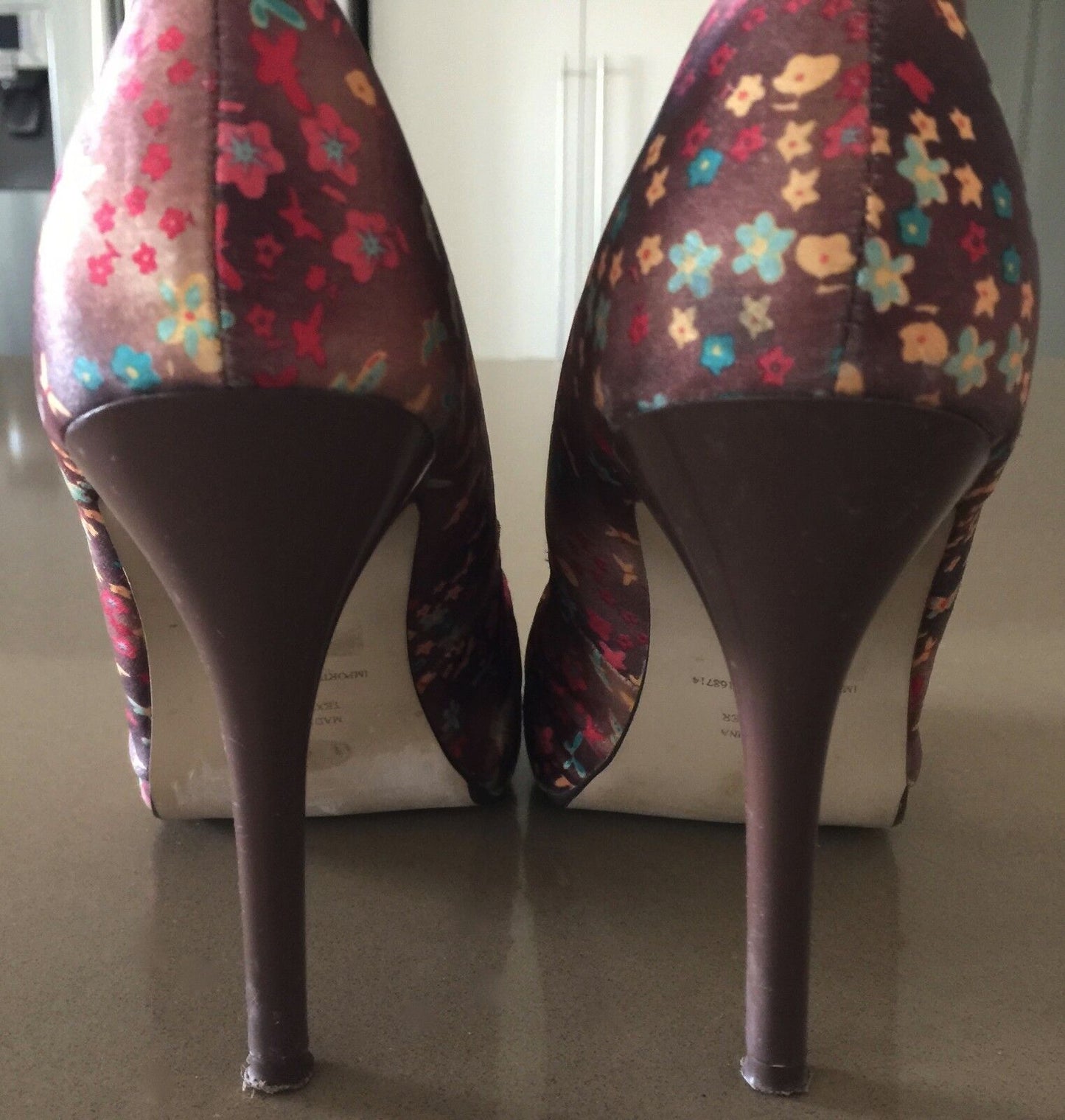 MISS SHOP Stiletto Shoes Multi Print & Colour Fabric Peep Toe Size 10 Gorgeous