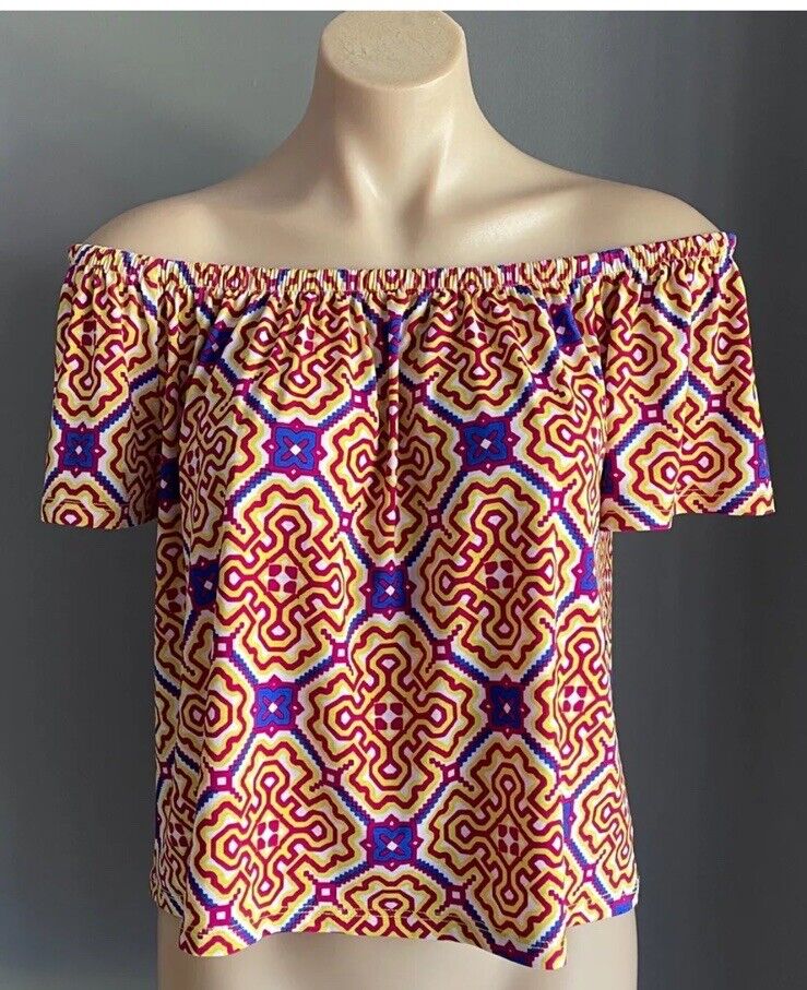 TIGERLILY Off Shoulder Crimson Yellow Blue White Print Elastic Boho Top Size 12