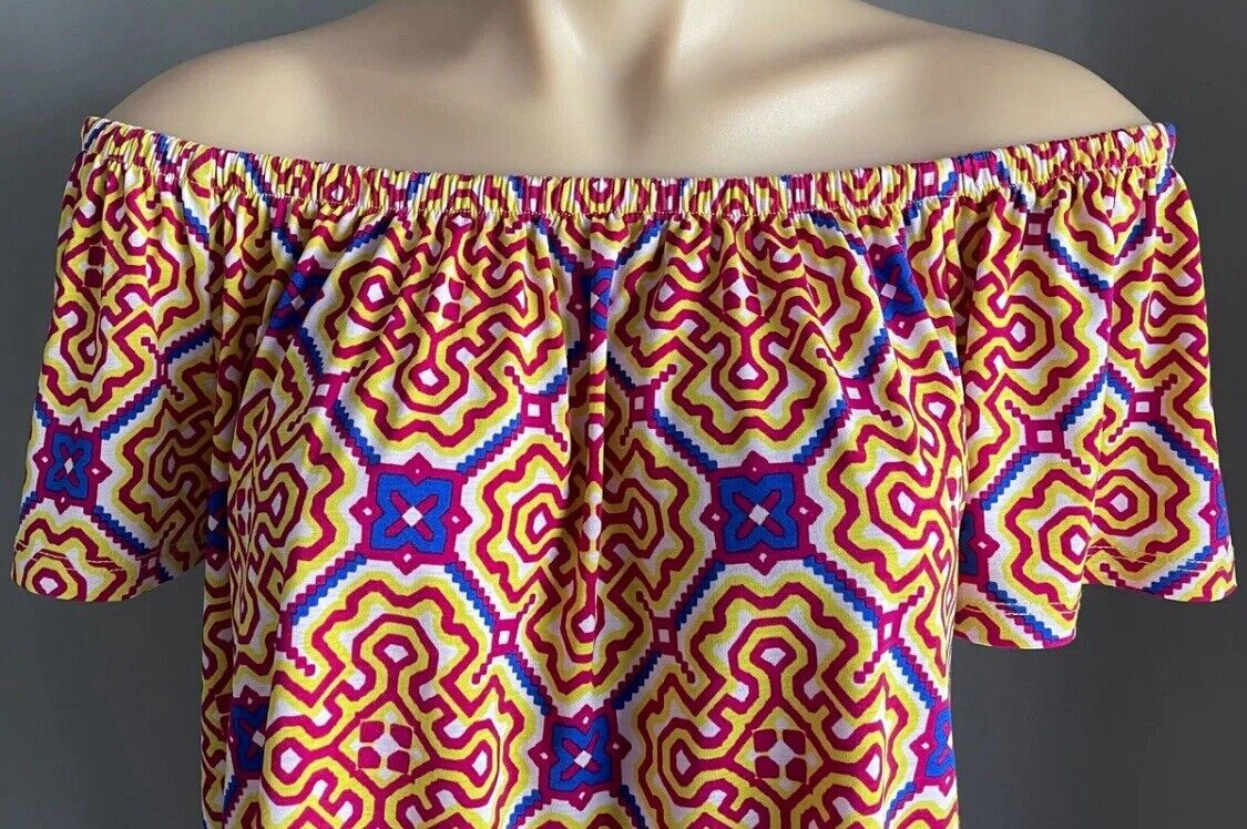 TIGERLILY Off Shoulder Crimson Yellow Blue White Print Elastic Boho Top Size 12
