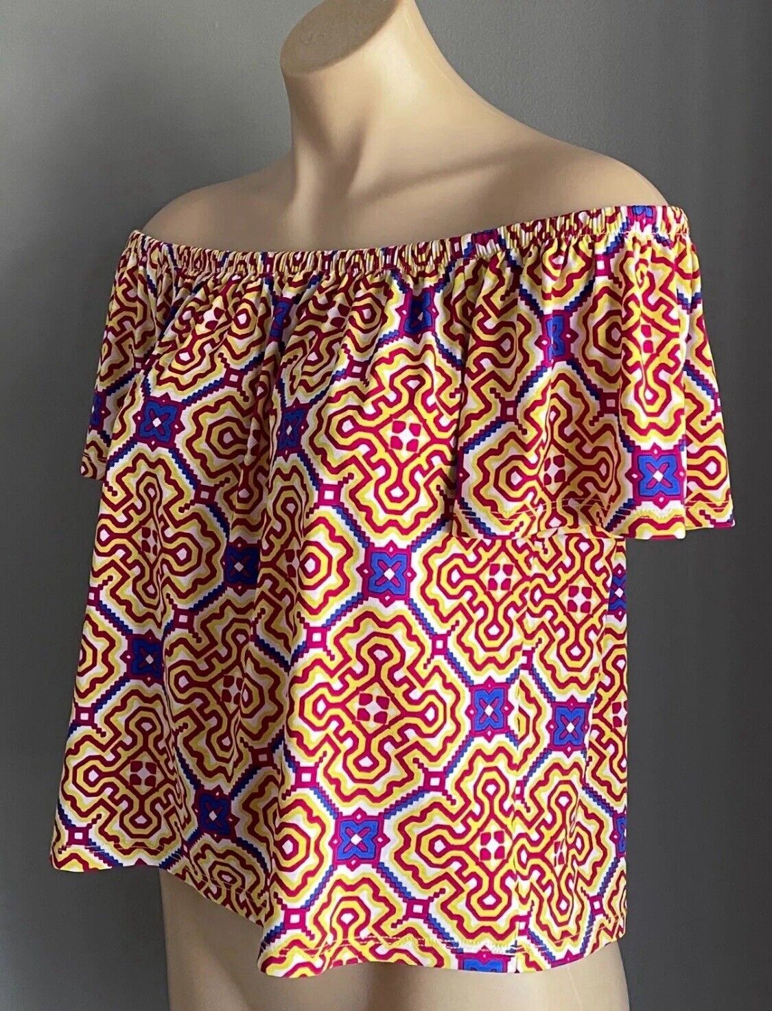 TIGERLILY Off Shoulder Crimson Yellow Blue White Print Elastic Boho Top Size 12