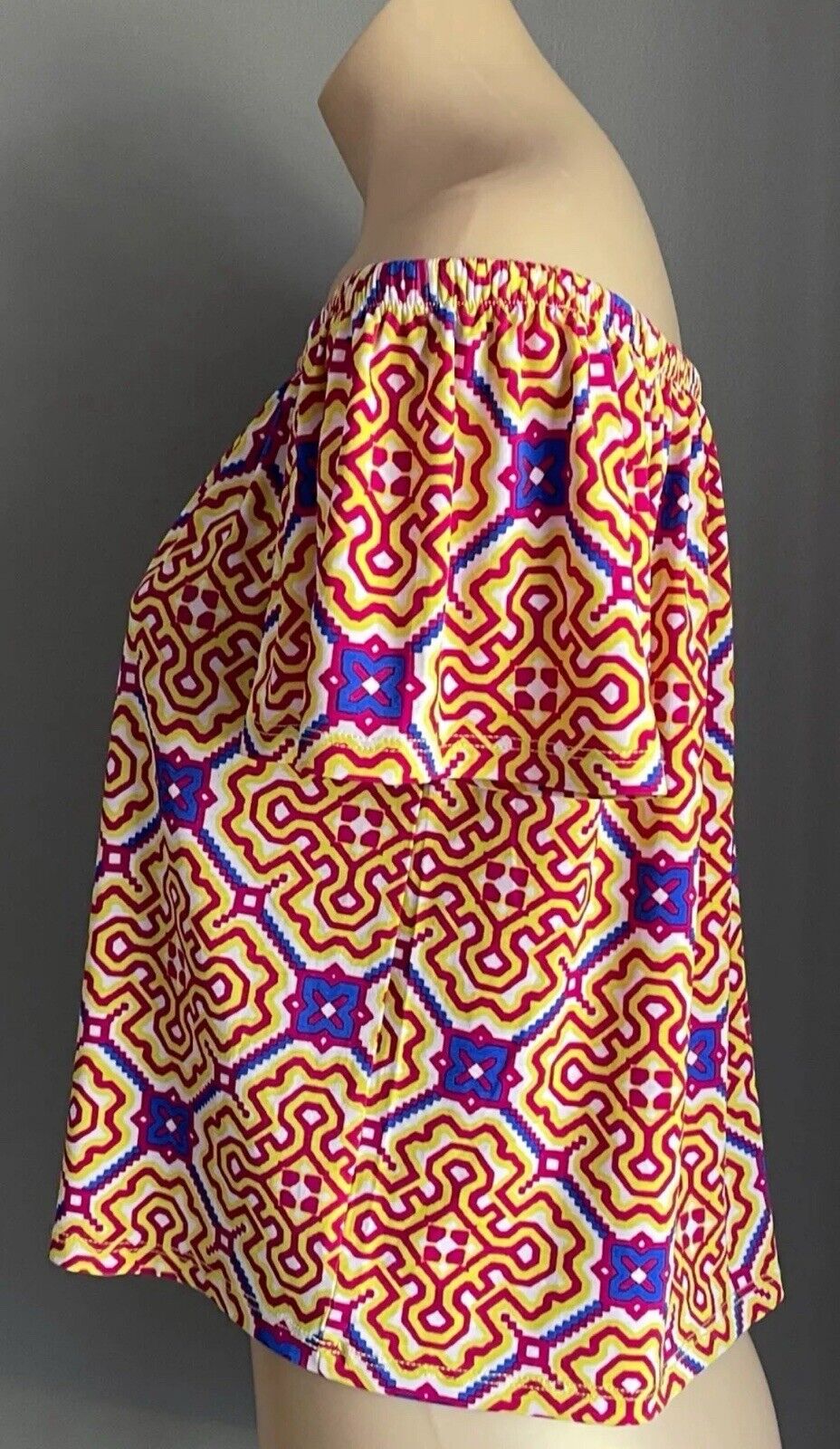 TIGERLILY Off Shoulder Crimson Yellow Blue White Print Elastic Boho Top Size 12