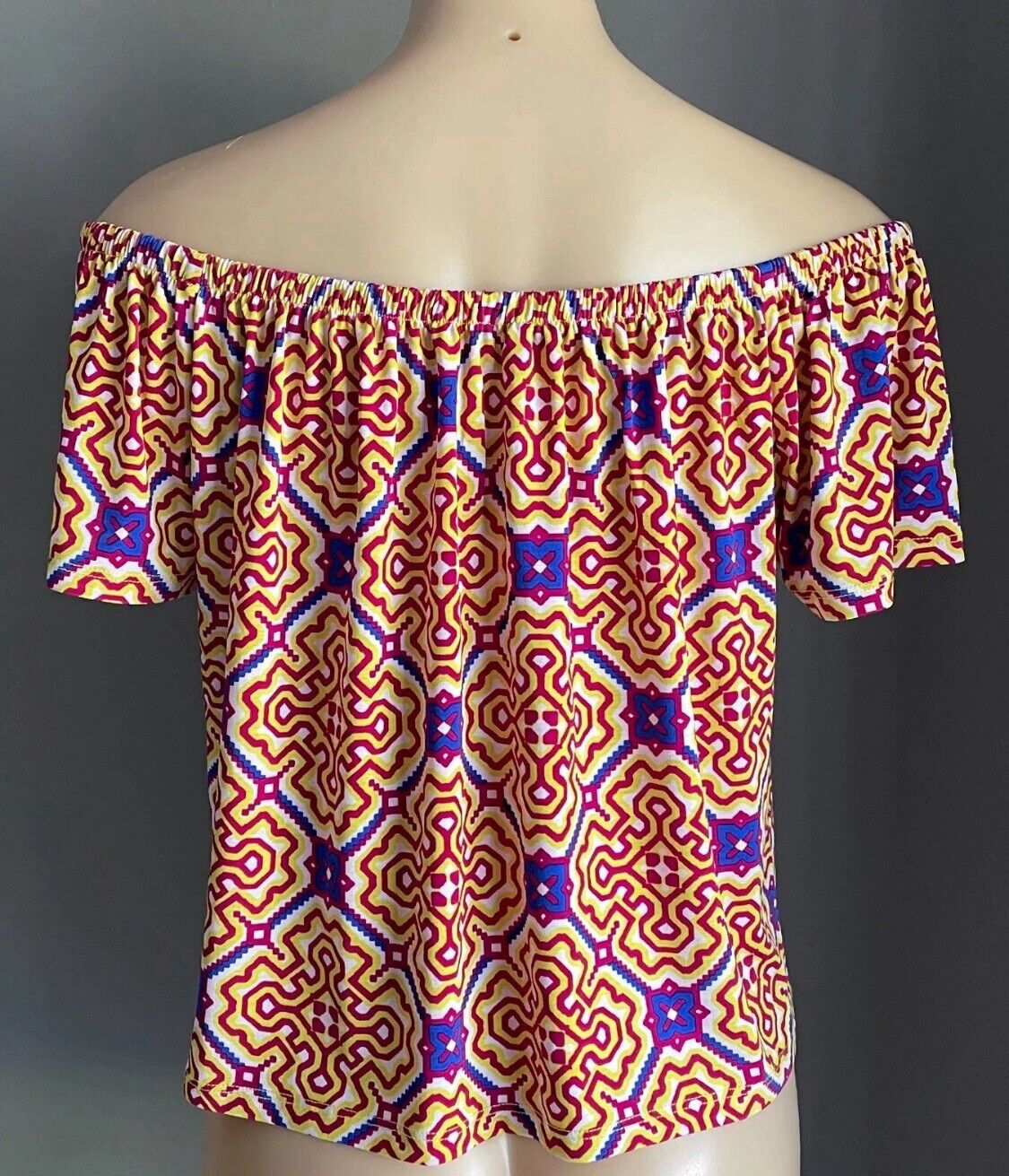 TIGERLILY Off Shoulder Crimson Yellow Blue White Print Elastic Boho Top Size 12