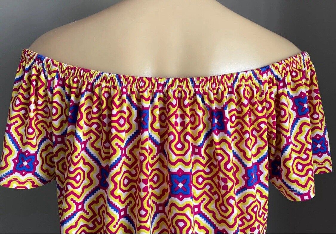 TIGERLILY Off Shoulder Crimson Yellow Blue White Print Elastic Boho Top Size 12