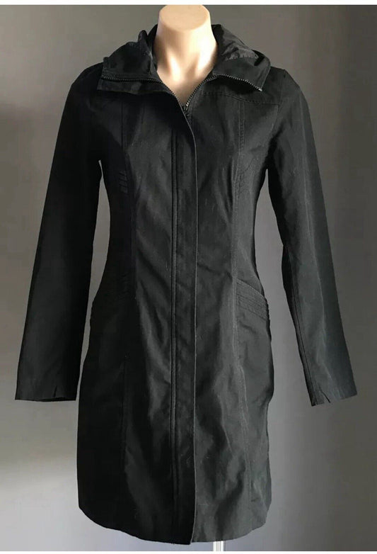 H&M DIVIDED Coat w Hood Black Lined Zip Front Long Sleeve Warm Sz 36 AU 10