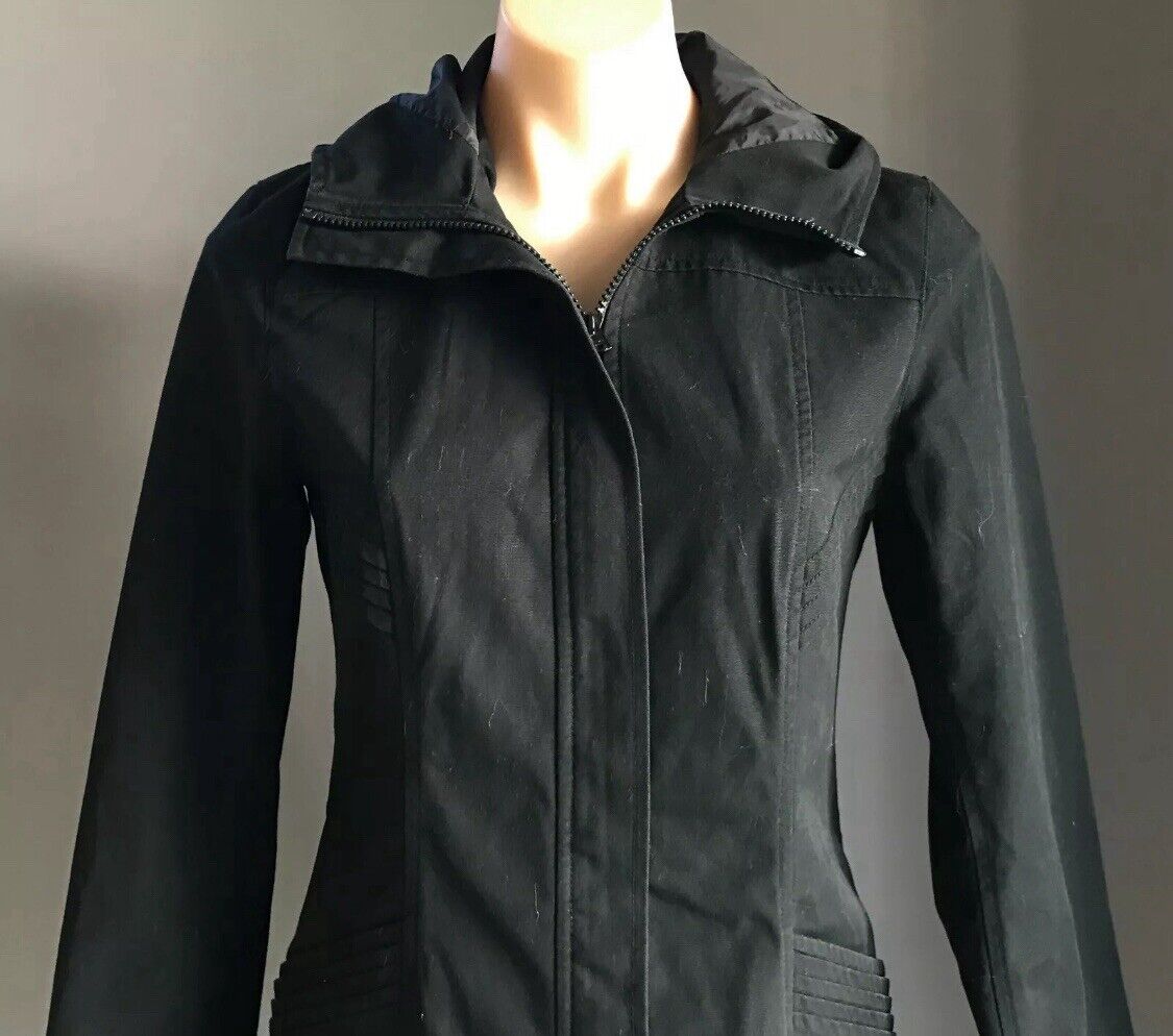 H&M DIVIDED Coat w Hood Black Lined Zip Front Long Sleeve Warm Sz 36 AU 10