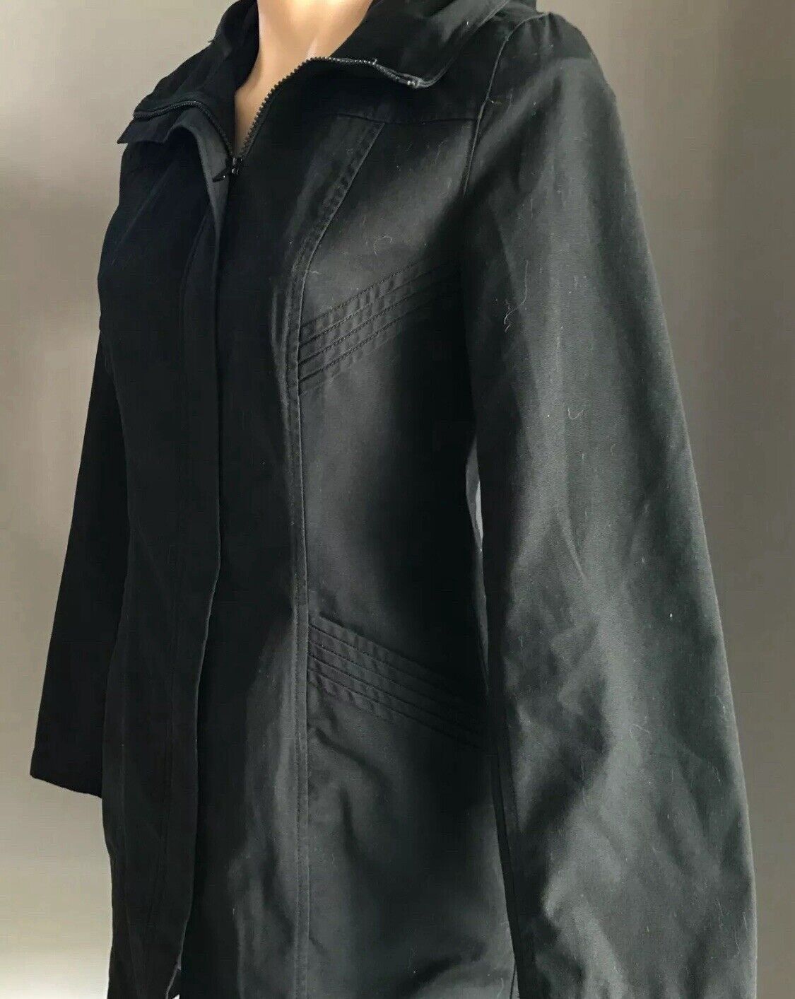 H&M DIVIDED Coat w Hood Black Lined Zip Front Long Sleeve Warm Sz 36 AU 10