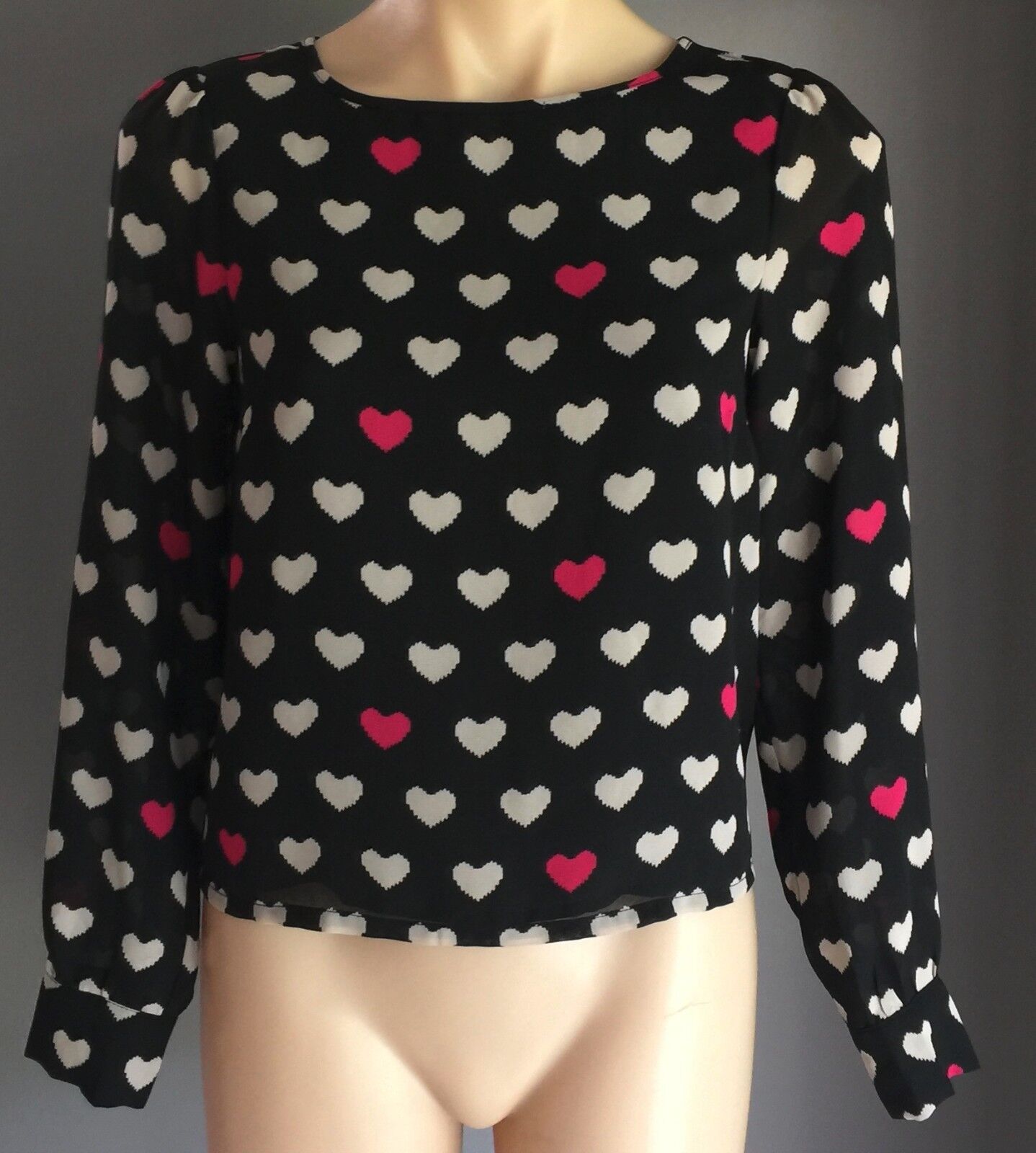 DIVIDED by H&M Top Hearts Print Sheer Long Sleeve Silver Zip Top Size 8 10 NEW