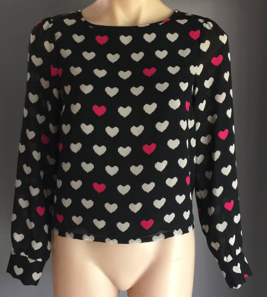 DIVIDED by H&M Top Hearts Print Sheer Long Sleeve Silver Zip Top Size 8 10 NEW