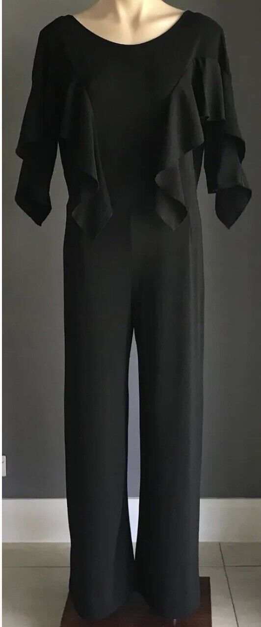 H&M Jumpsuit Black 3/4 Sleeve Ruffles Wide Leg Stretch Pantsuit Size 12 EU 42