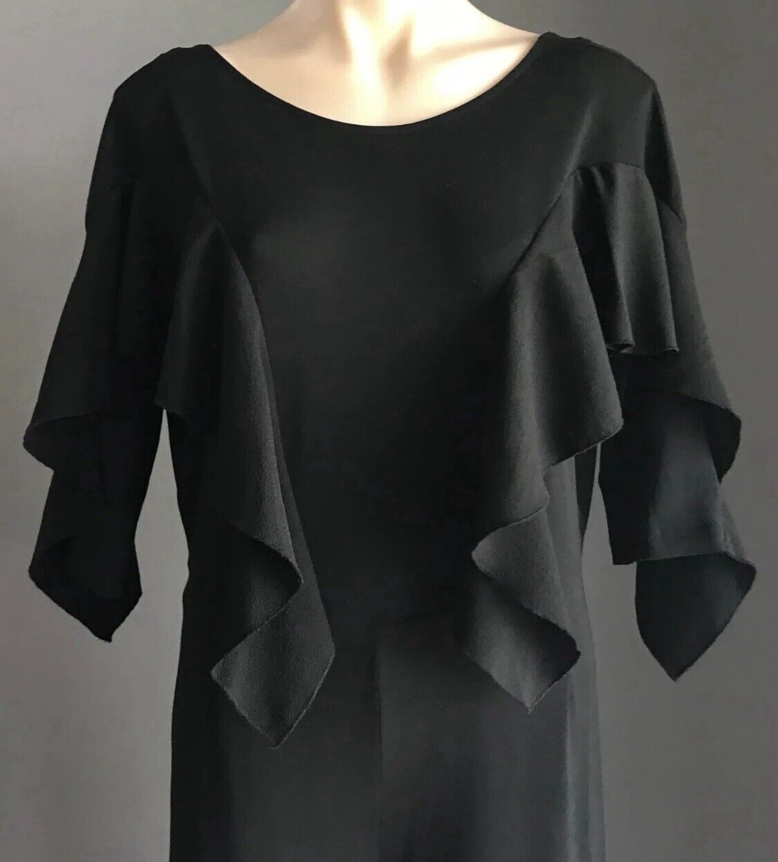 H&M Jumpsuit Black 3/4 Sleeve Ruffles Wide Leg Stretch Pantsuit Size 12 EU 42