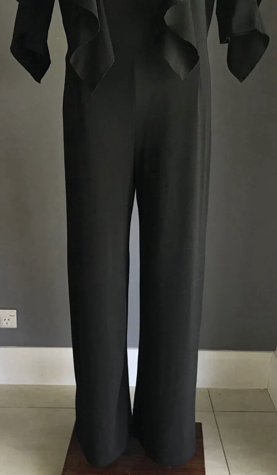 H&M Jumpsuit Black 3/4 Sleeve Ruffles Wide Leg Stretch Pantsuit Size 12 EU 42