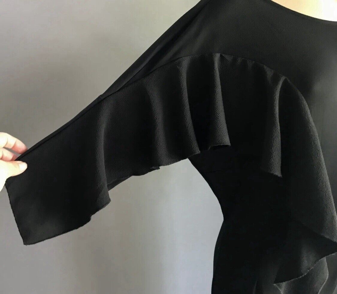 H&M Jumpsuit Black 3/4 Sleeve Ruffles Wide Leg Stretch Pantsuit Size 12 EU 42