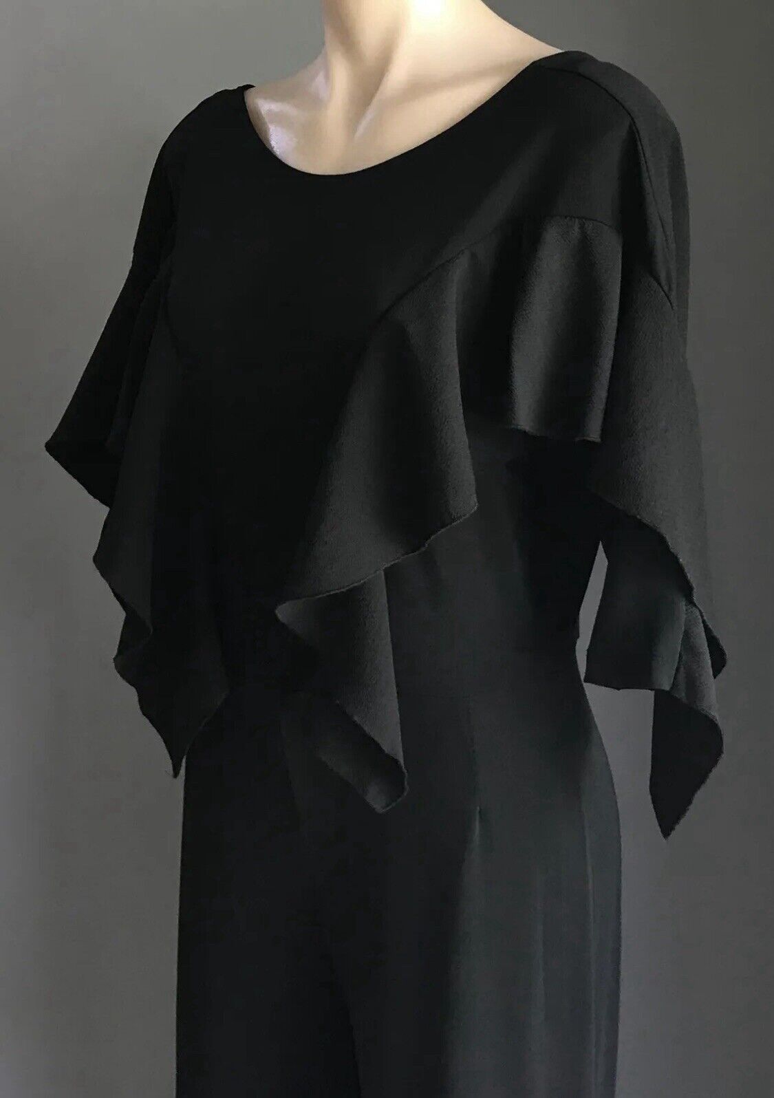 H&M Jumpsuit Black 3/4 Sleeve Ruffles Wide Leg Stretch Pantsuit Size 12 EU 42