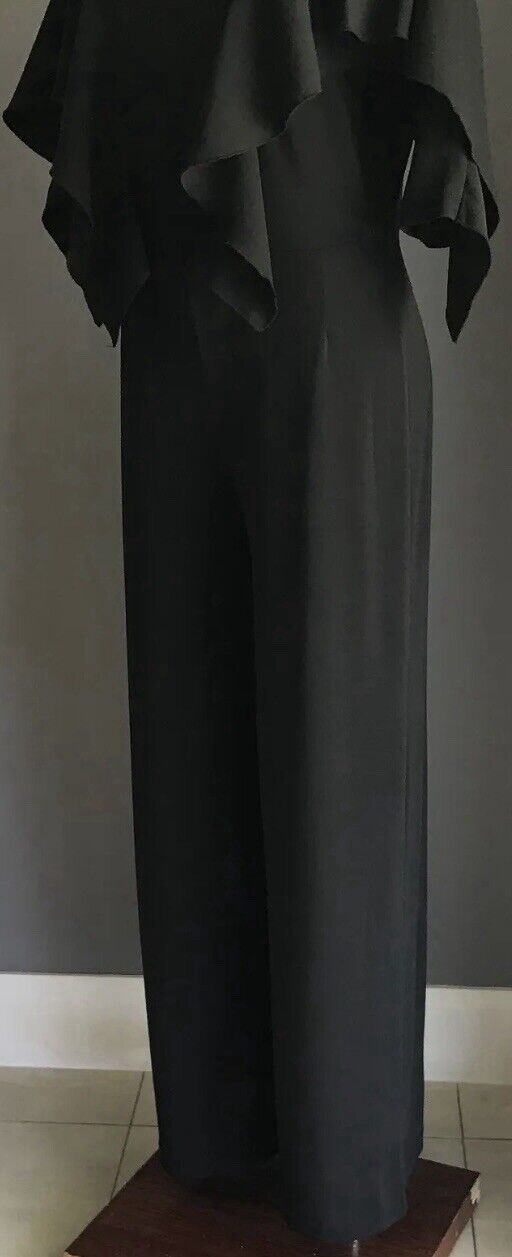 H&M Jumpsuit Black 3/4 Sleeve Ruffles Wide Leg Stretch Pantsuit Size 12 EU 42