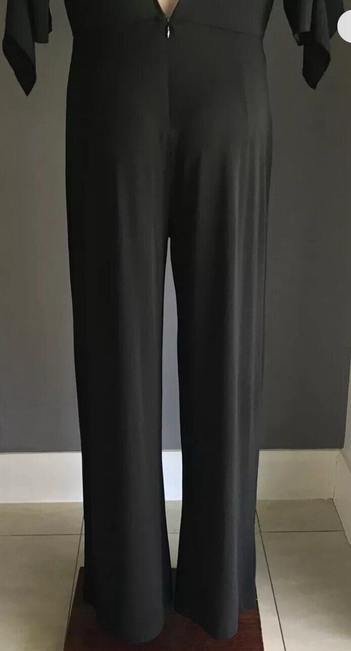 H&M Jumpsuit Black 3/4 Sleeve Ruffles Wide Leg Stretch Pantsuit Size 12 EU 42