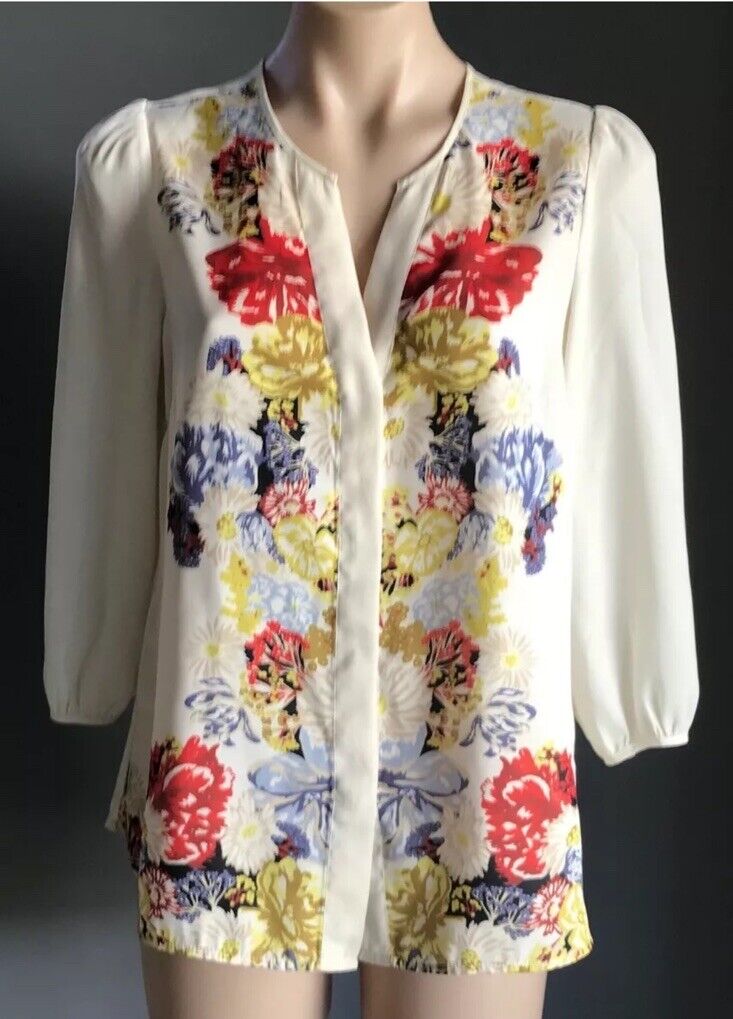 H&M Top Cream & Floral Print Collarless 3/4 Sleeve Blouse Ladies Sz EU 38 AU 10