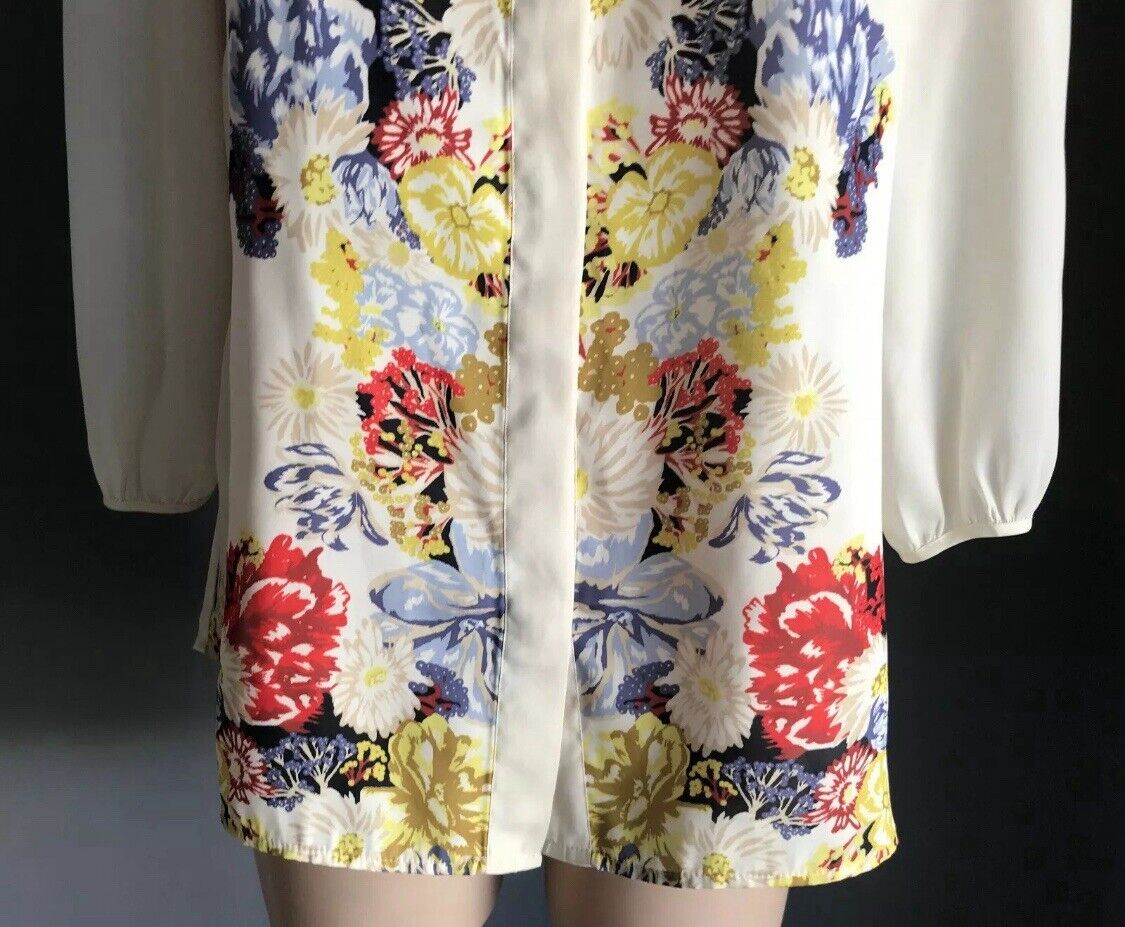 H&M Top Cream & Floral Print Collarless 3/4 Sleeve Blouse Ladies Sz EU 38 AU 10